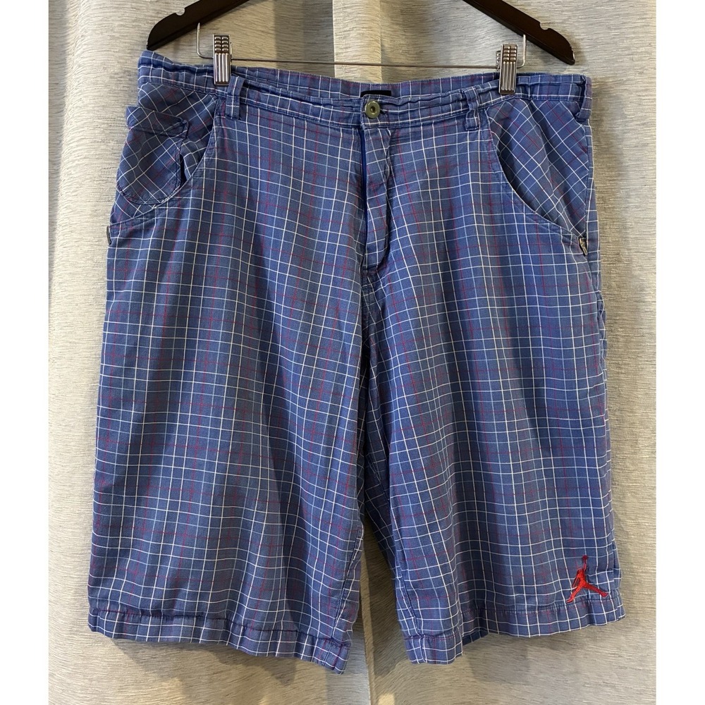 Air Jordan Y2K Plaid Shorts Blue 36 Wings Logo Jumpman Vintage Streetwear Nike